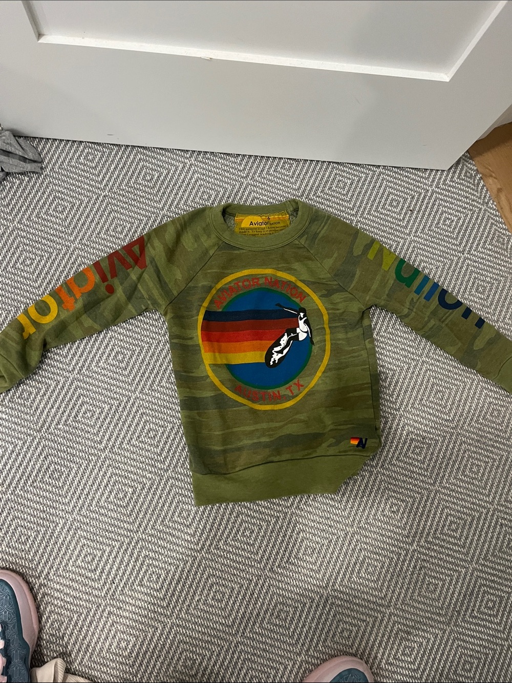 Aviator Nation Olive Green Camo Sweatshirt with Rainbow Logo